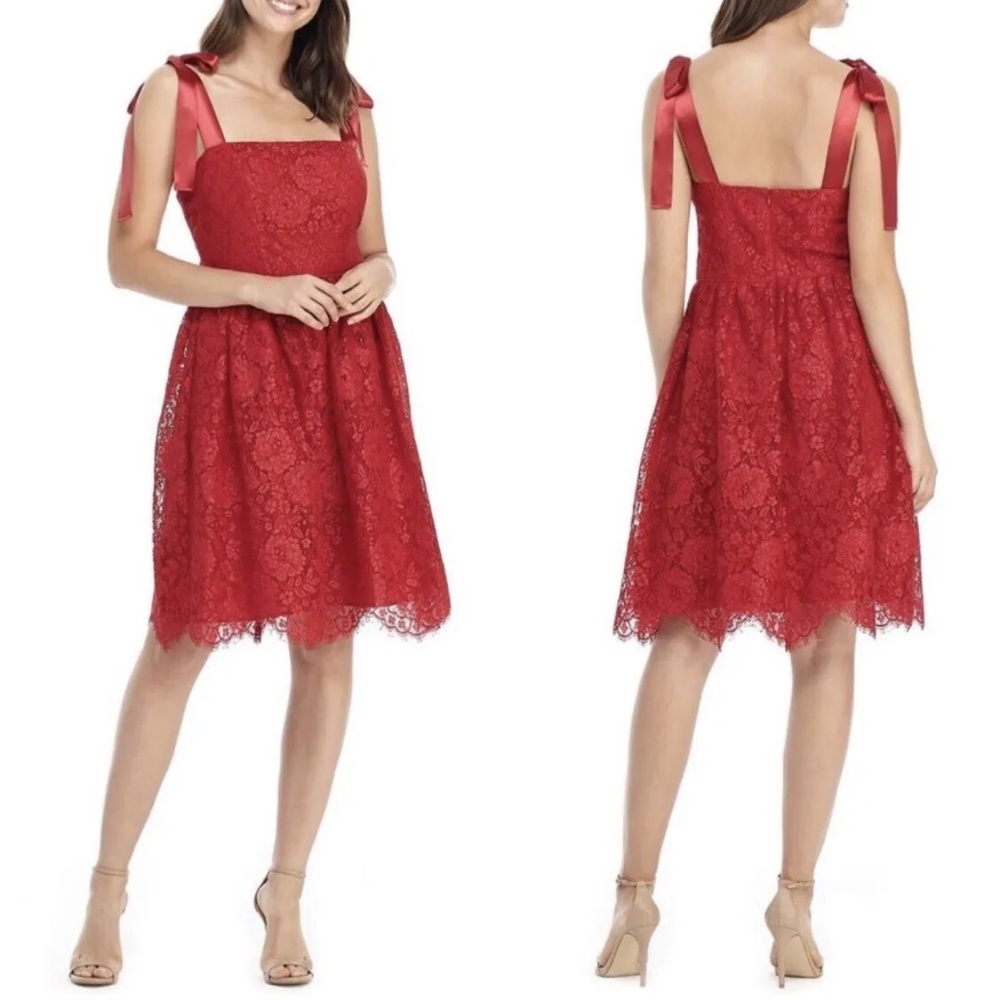 Gal Meets Glam Collection Lucia Satin Strap Lace Dress Cranberry Red 2